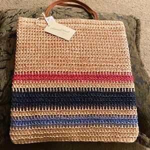Universal Thread Striped Woven Tote with Red and Blue Accents